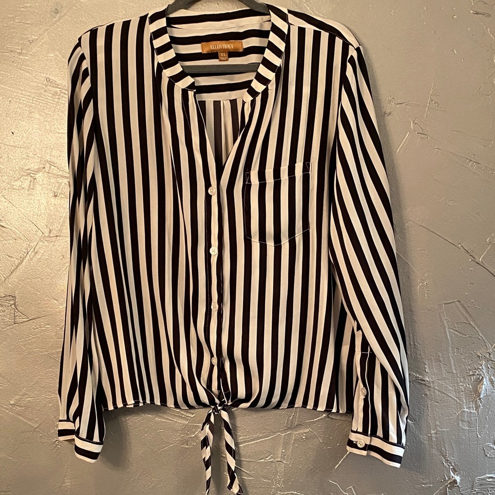 Ellen Tracy Black and White Striped Button Down Blouse